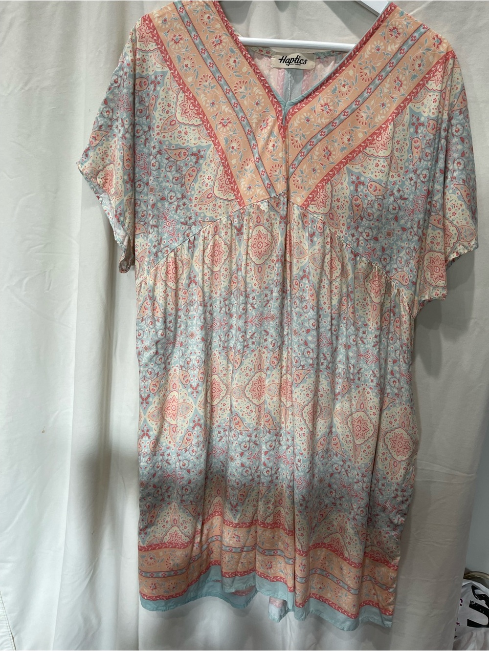 Haptics Pastel Paisley V-Neck Short Sleeve Tunic Dress - Blue & Peach